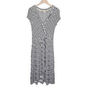 Maeve Anthropologie Black White Stripe Faux Wrap Midi Dress Small Stretch V-Neck